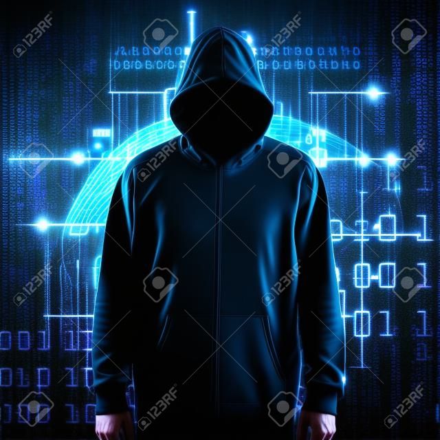 Cyber hacker in hoodie on icons background
