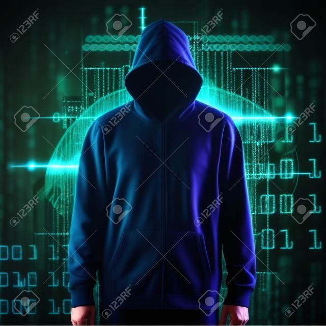 Cyber hacker in hoodie on icons background