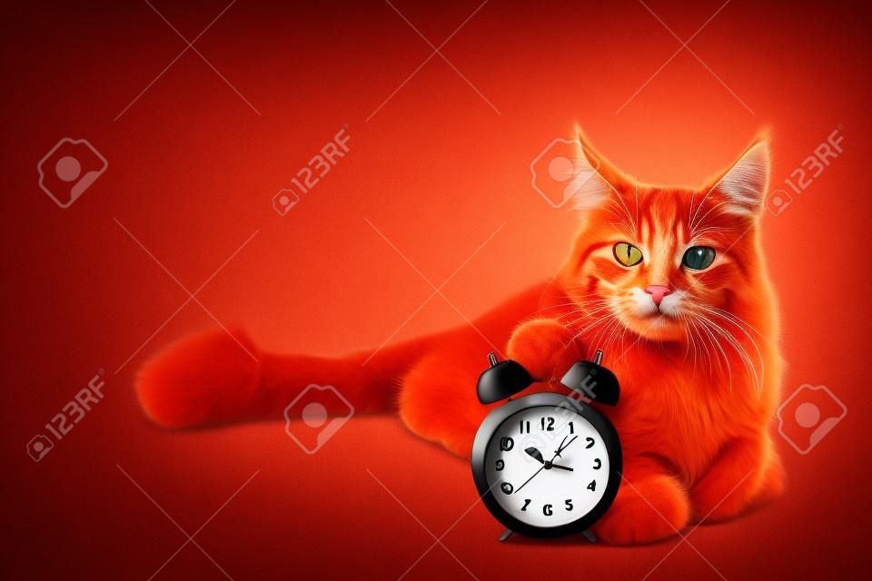 Gato vermelho adorável com relógio isolado no fundo branco