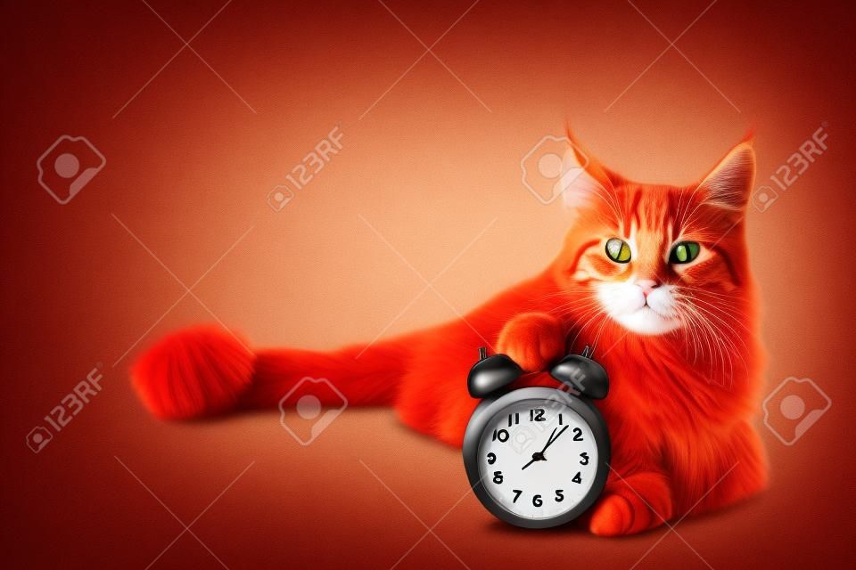 Gato vermelho adorável com relógio isolado no fundo branco