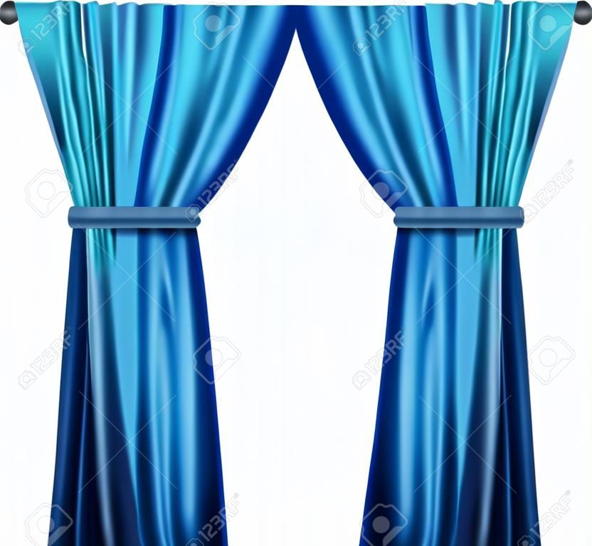 Imagem naturalista da cortina, cortinas abertas Cor azul no fundo transparente. Ilustração vetorial.
