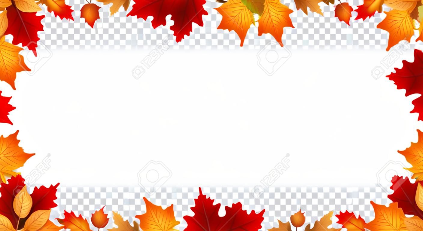 Marco de borde de hojas de otoño con texto espacial sobre fondo transparente. Se puede utilizar para acción de gracias, vacaciones de cosecha, decoración y diseño. Ilustración vectorial
