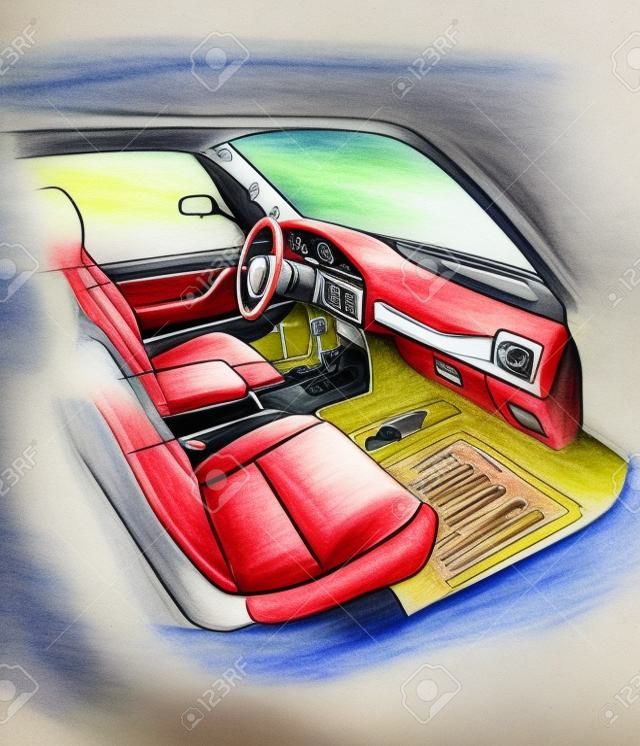 Zeichnung der exklusiven Innenausstattung des Autos mit der Ausarbeitung aller Elemente des modernen Fahrgastraums des Fahrzeugs. Die Illustration erfolgt von Hand mit Aquarellen, Papier und Stiften.