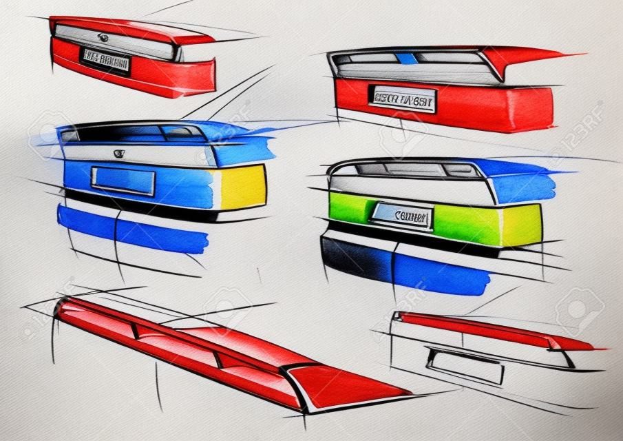 Bosquejo del proyecto de tuning de un alerón deportivo de automóvil para un diseño individual. La ilustración está dibujada a mano en papel con acuarela y bolígrafo.