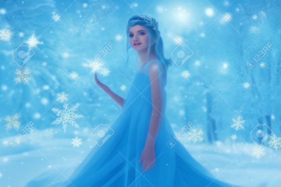 Young girl snow princess. Mystery fantasy girl in blue lush dress. Art background winter frozen and snow.