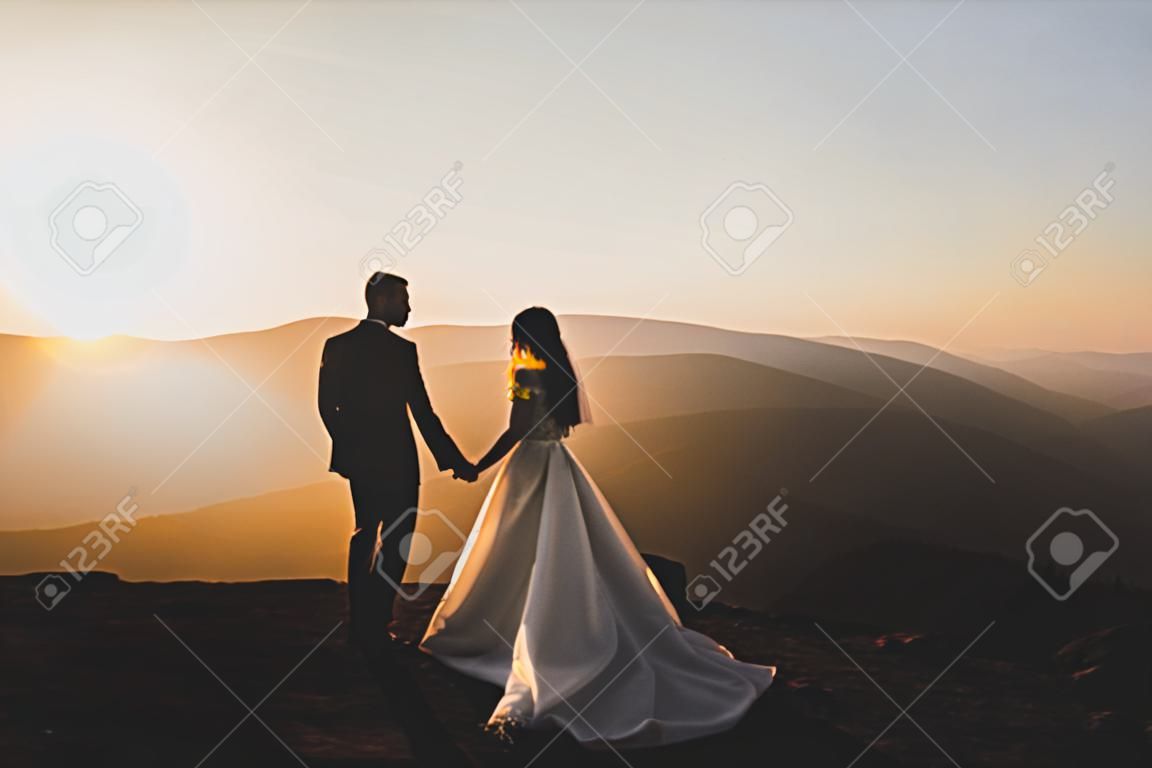 행복 한 아름 다운 결혼 커플 신부와 신랑 산 바위에 야외에서 결혼식을 하루에. 야외 자연, 부드러운 맑은 빛에 행복 한 결혼 커플