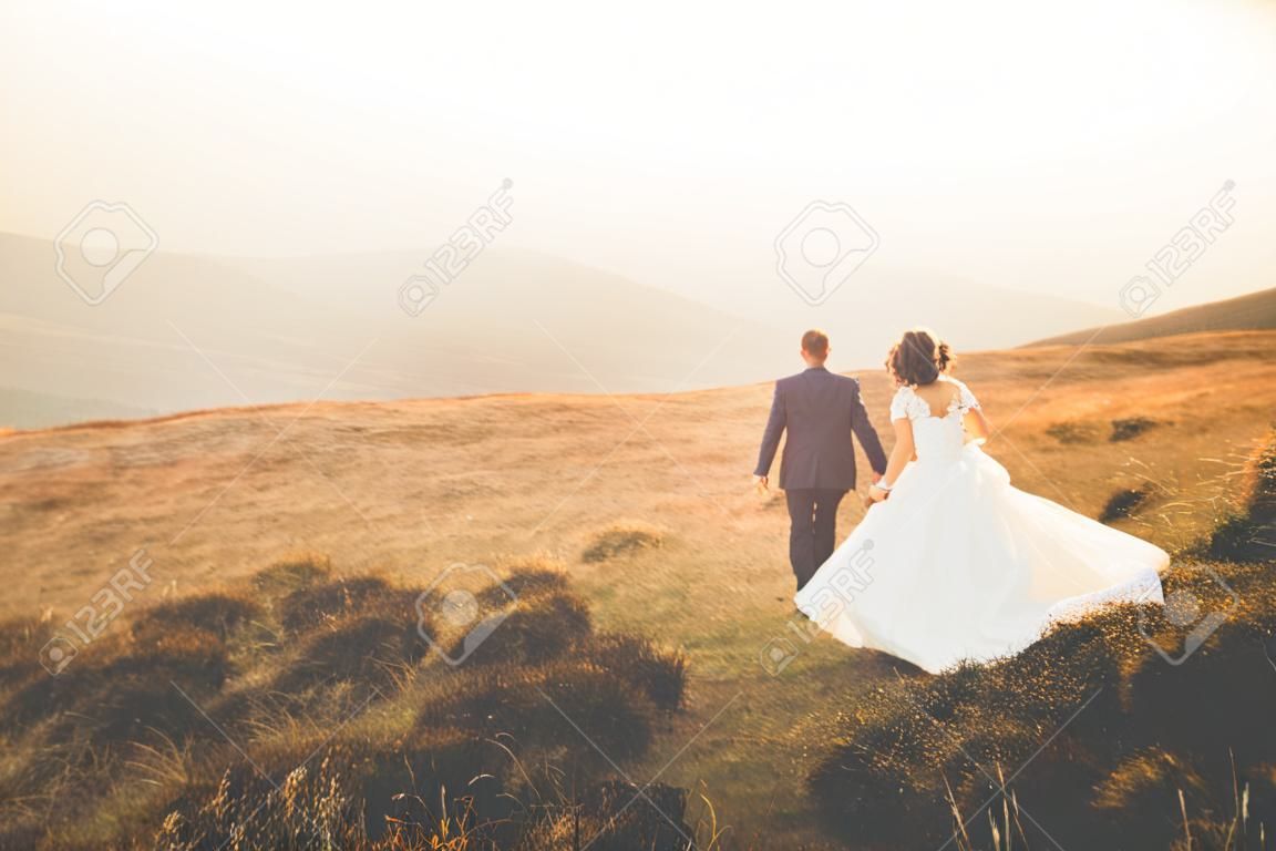 Gelukkig mooi huwelijk paar bruid en bruidegom op bruiloft dag buiten op de bergen rots. Gelukkig huwelijk paar buiten op de natuur, zachte zonnige lichten