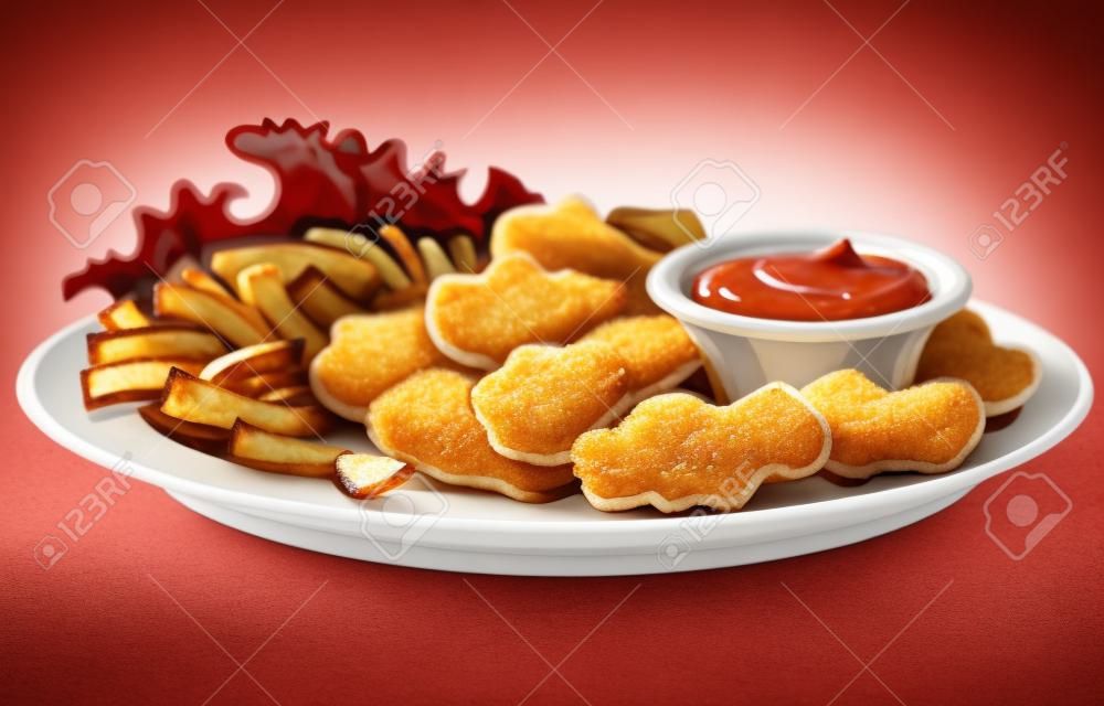 breaded chicken nuggets and french fries with sauce 