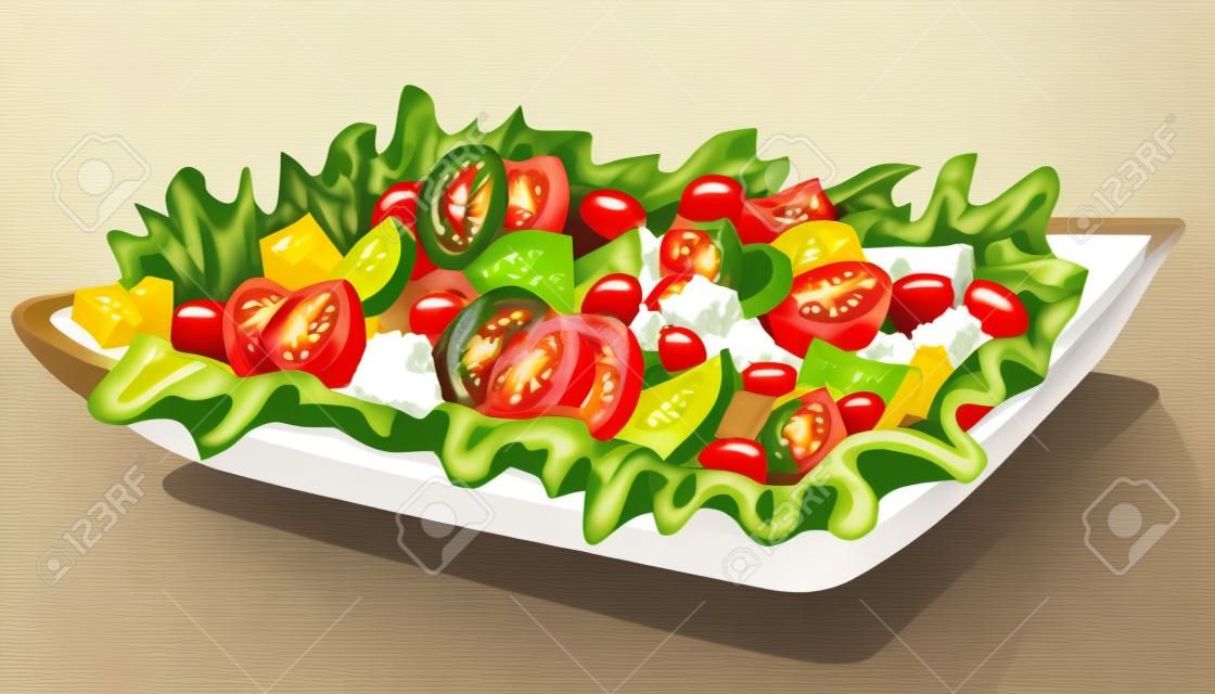 Ilustración de ensalada de verduras frescas con tomate, lechuga, queso feta, pepinos y aceitunas