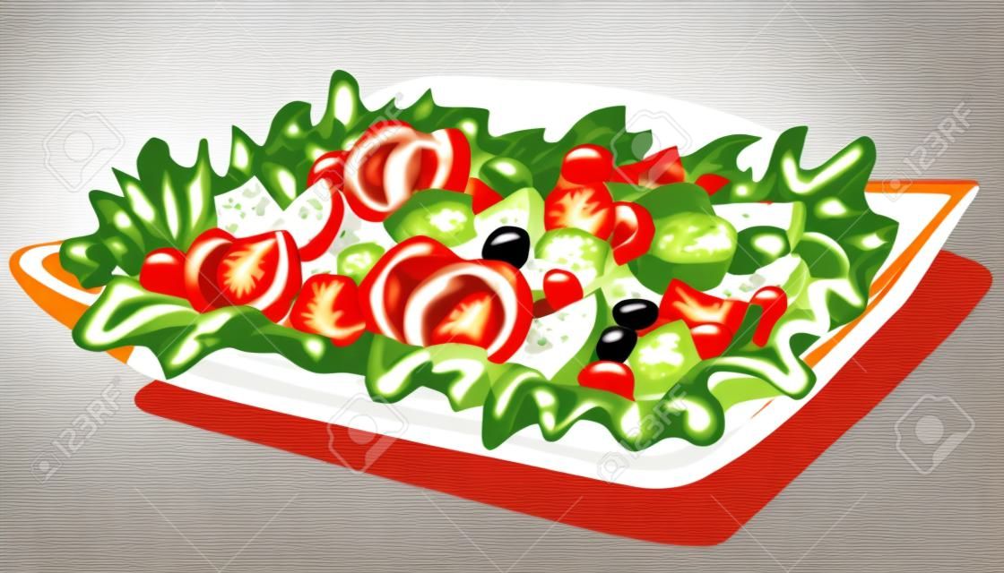 Ilustración de ensalada de verduras frescas con tomate, lechuga, queso feta, pepinos y aceitunas