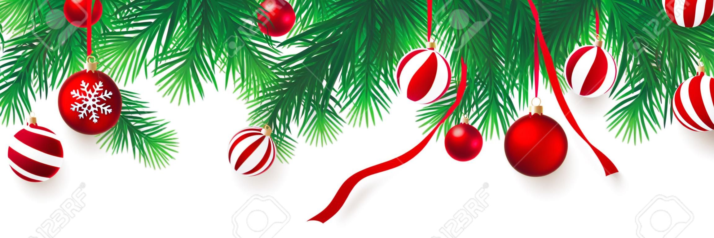 Festive Christmas or New Year Background. Christmas Tree Branches and xmas red ball. Vector illustration.