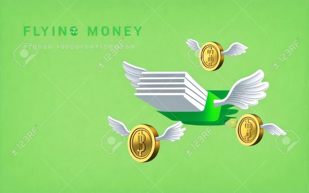 3d, verde, vuelo, pila, de, dinero, y, monedas de oro, con, alas blancas, en, caricatura, estilo, negocio, y, finanzas, objeto, para, bandera, diseño, vector, ilustración