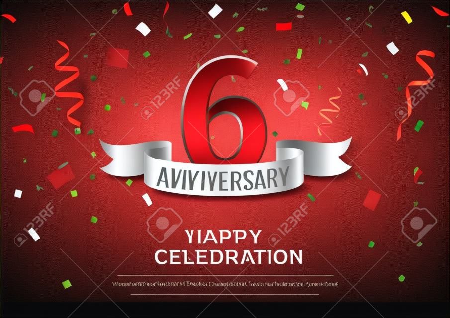 6 years anniversary vector banner template. Six year jubilee with red ribbon and confetti on white background