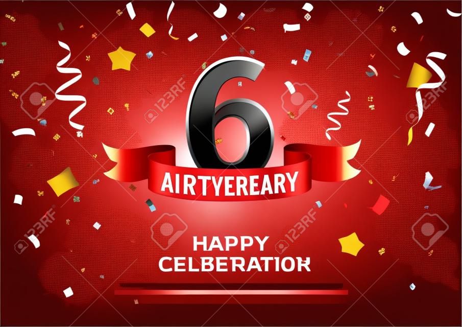 6 years anniversary vector banner template. Six year jubilee with red ribbon and confetti on white background