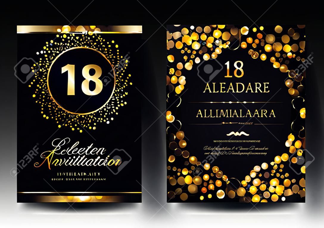 18 lat urodziny wektor czarny papier luksusowe zaproszenie podwójna karta. broszura z okazji osiemnastej rocznicy ślubu. szablon zaproszenia do druku na ciemnym tle ze światłami bokeh