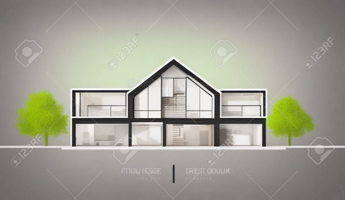 Casa en corte transversal. Casa moderna, chalet, cabaña, adosado con sombras. Visualización arquitectónica de una cabaña de tres pisos. Ilustración vectorial realista