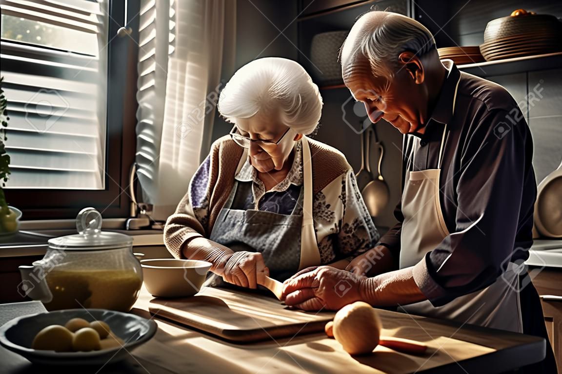 Portrait of Elderly couple cooking in kitchen together. Generative Ai