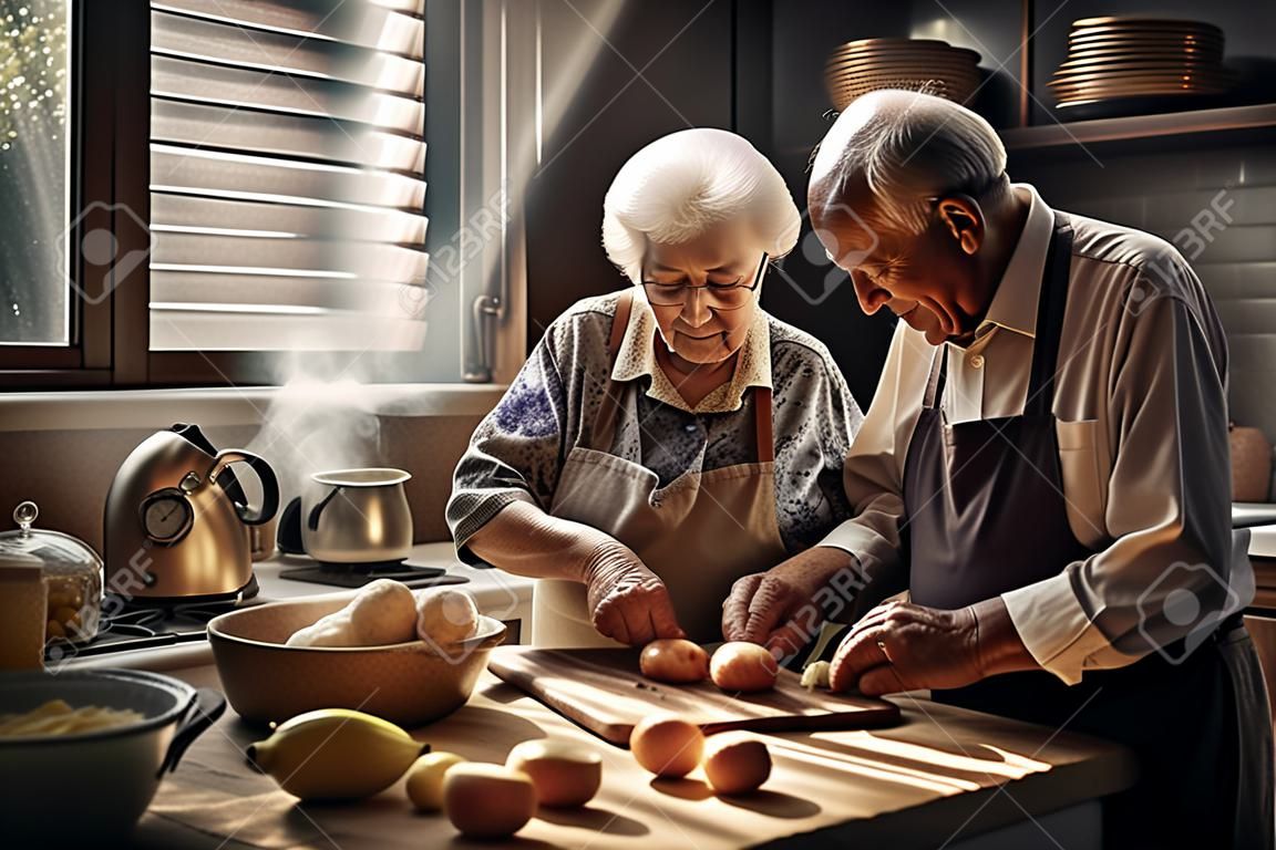 Portrait of Elderly couple cooking in kitchen together. Generative Ai