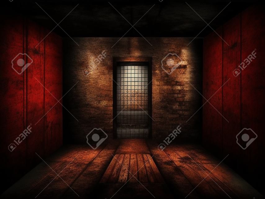 더러운 녹슨 벽 및 경비 창 어두운 지하 감옥.