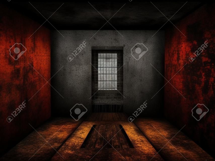 Gloomy Kerker mit schmutzigen rostigen Wand und Fenster bewacht.
