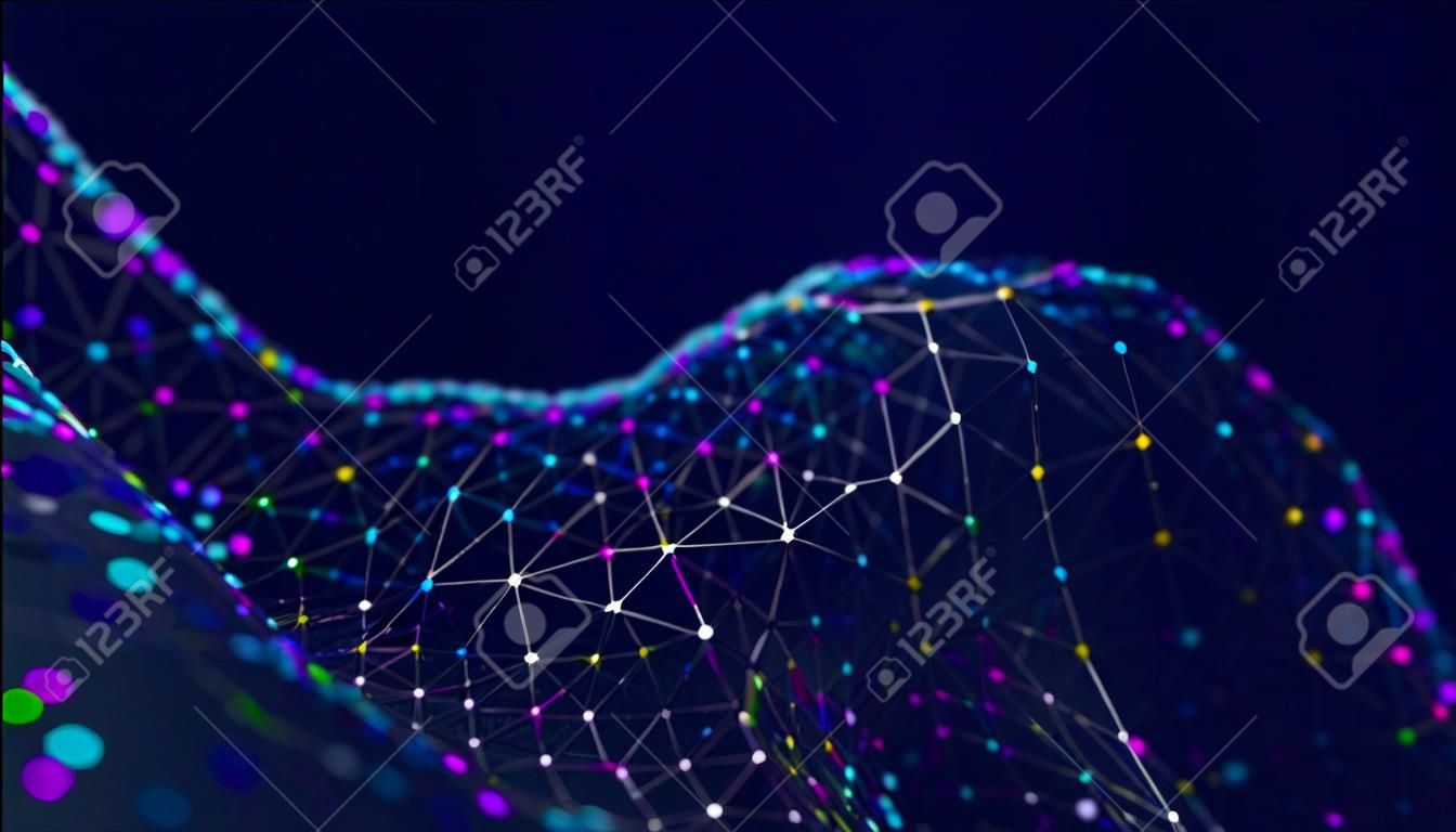 The musical stream of sounds. Abstract background with interweaving of colored dots and lines. 3D