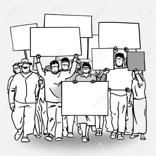 Protesting people with blank signs. Crowd with empty banners. Mass demonstration of protest. Hand drawn line art sketch vector illustration isolated on white background.