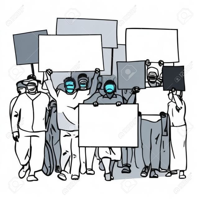 Protesting people with blank signs. Crowd with empty banners. Mass demonstration of protest. Hand drawn line art sketch vector illustration isolated on white background.