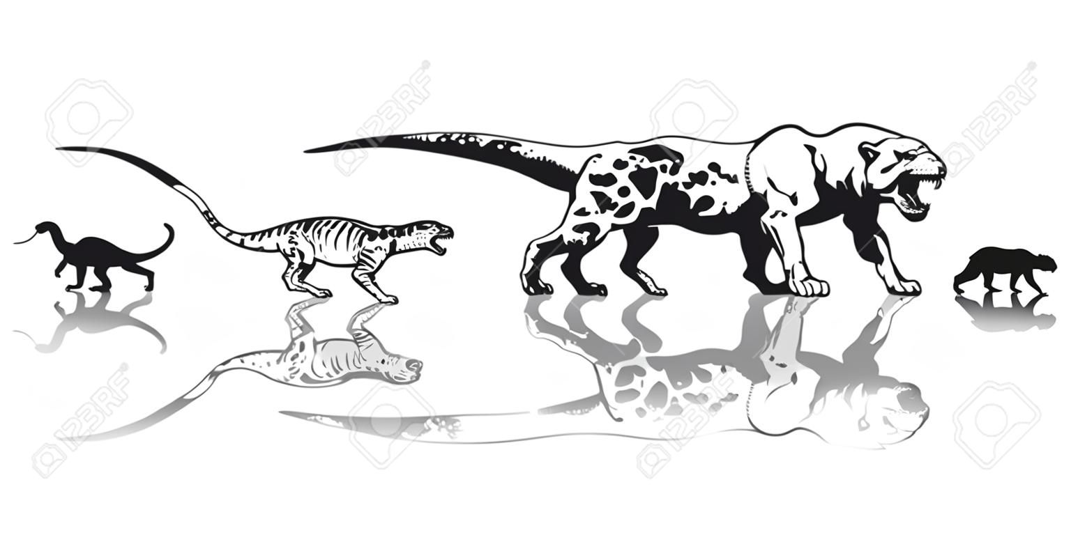 Historia życia na Ziemi. Oś czasu ewolucji od prehistorycznych zwierząt, dinozaura, tygrysa szablozębnego, małpy do jaskiniowca. Ręcznie rysowane szkic wektor z odbiciem na białym tle.