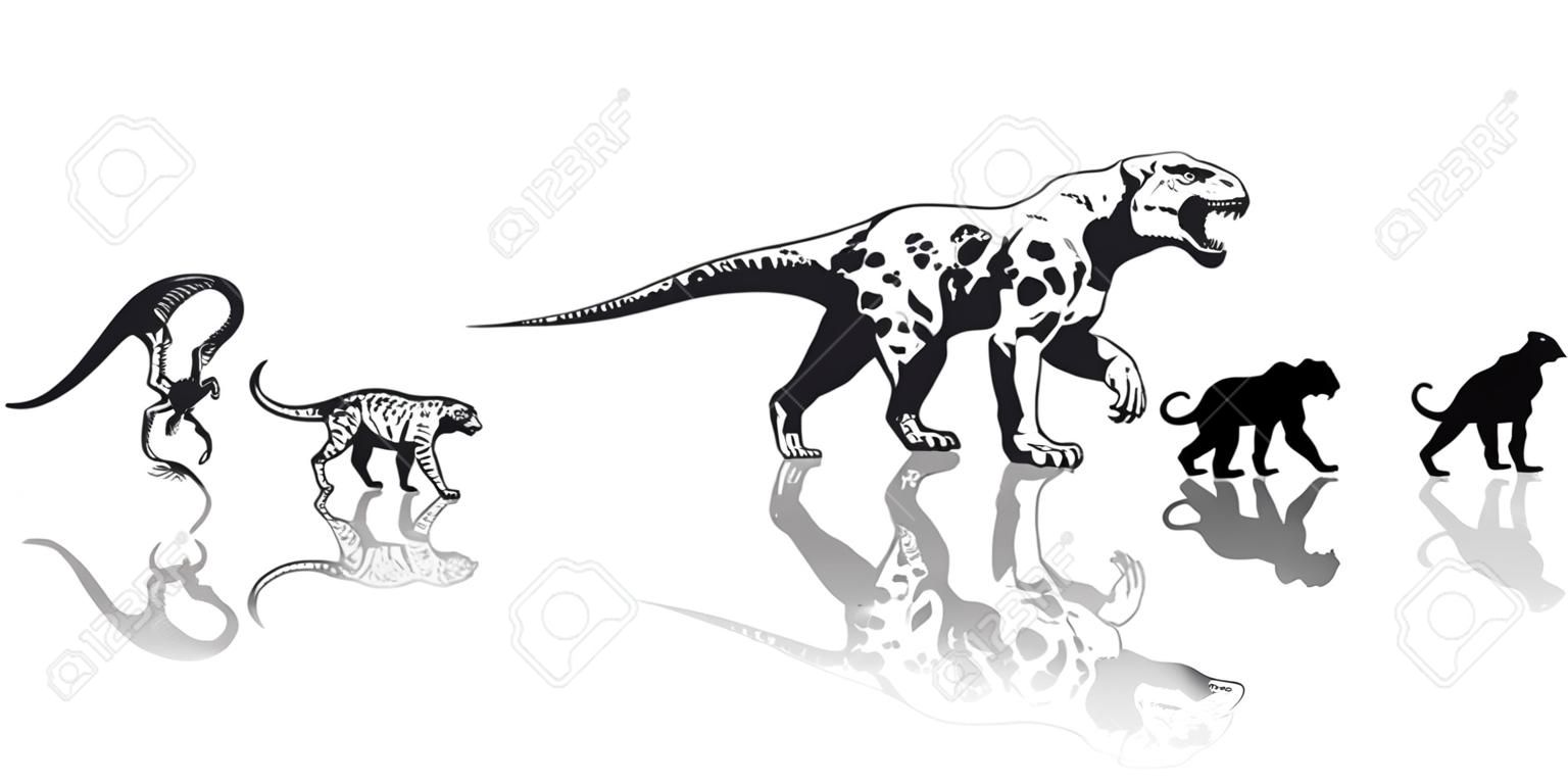 History of life on Earth. Timeline of evolution from prehistoric animals, dinosaur, saber toothed tiger, monkey to cave man. Hand drawn vector sketch with reflection isolated on white background.