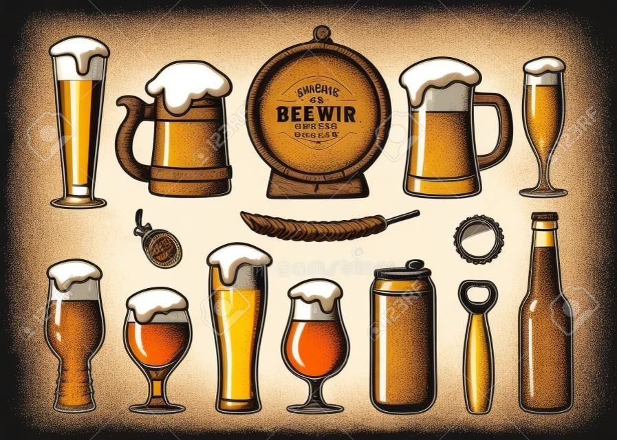 Vintage set van bier objecten. Oude houten mok, vat, glazen, hop, fles, blik, opener, cap. Gravure stijl vector illustratie.