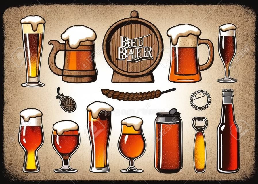 Vintage set of beer objects. Old wooden mug, barrel, glasses, hop, bottle, can, opener, cap. Engraving style vector illustration.