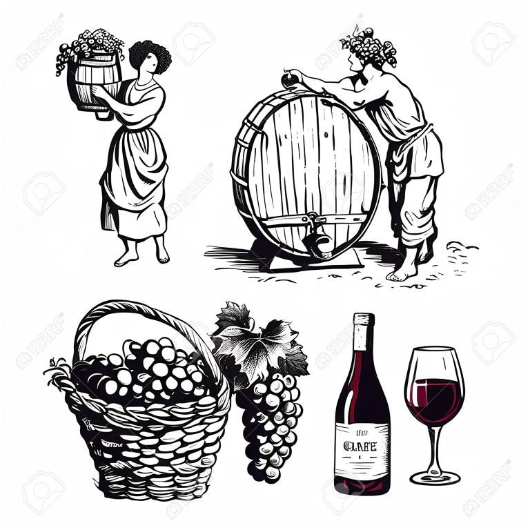Set of hand drawn elements for wine design. Beautiful peasant woman carrying basket, bunch of grapes, Satyr, bottle demijohn, barrel. Vector illustration in vintage style on white background