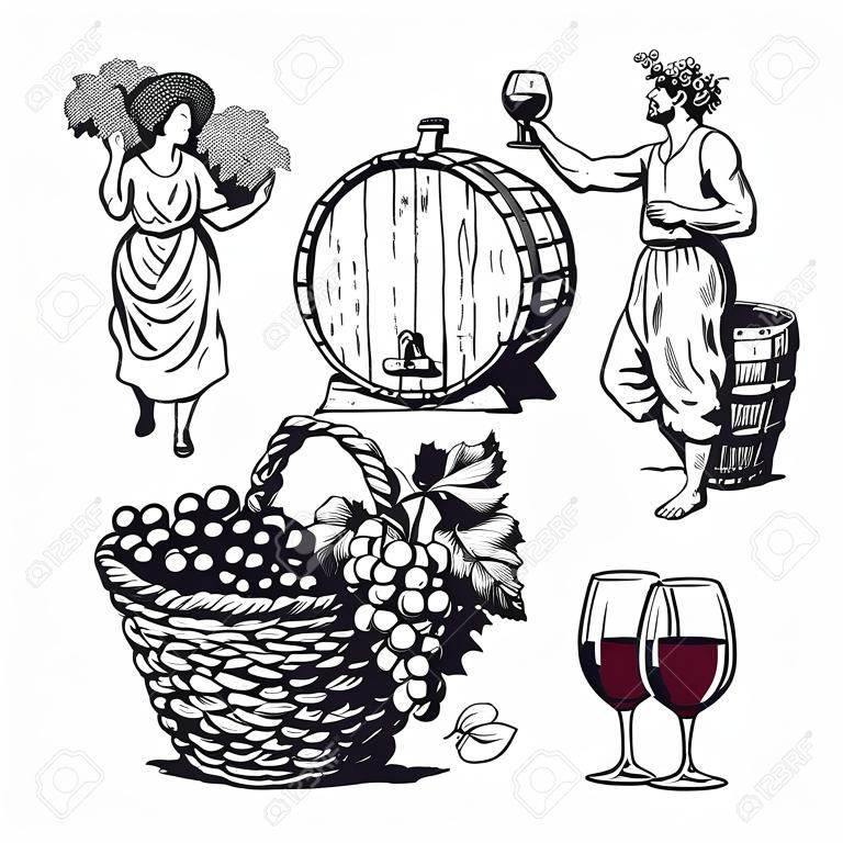 Set of hand drawn elements for wine design. Beautiful peasant woman carrying basket, bunch of grapes, Satyr, bottle demijohn, barrel. Vector illustration in vintage style on white background