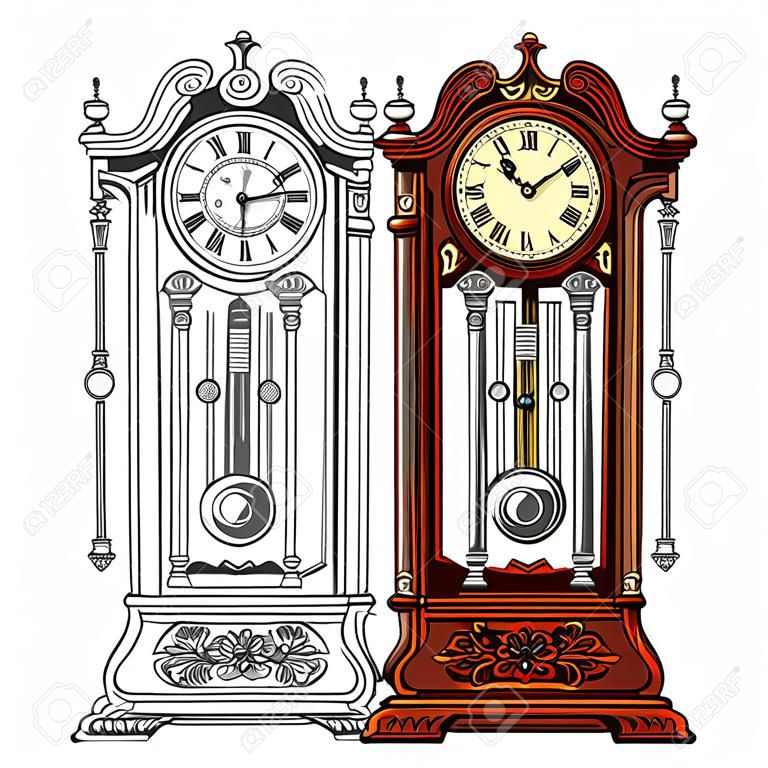 Antique grandfather pendulum clock. Traditional floor standing long case clock with wood carved decoration. Hand drawn black and white and colored detailed vector illustration.