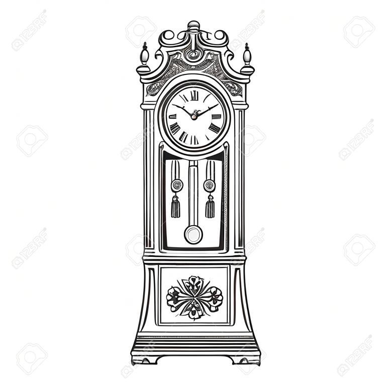 Antigo relógio de pêndulo do avô. Piso tradicional em pé longo relógio de caso com madeira esculpida decoração. Mão preta e branca desenhada ilustração vetorial estilo esboço isolado no fundo branco.