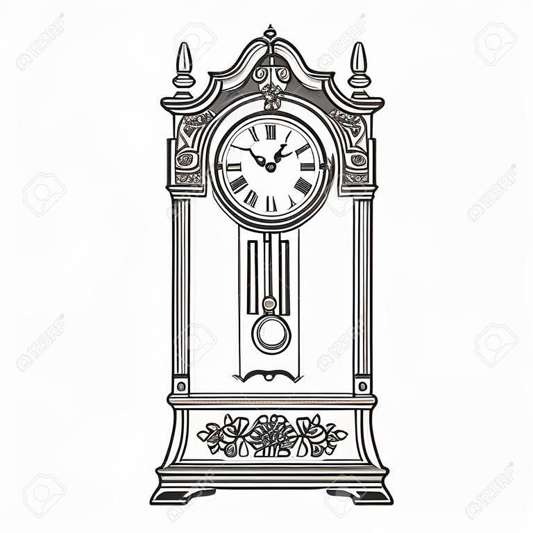 Antigo relógio de pêndulo do avô. Piso tradicional em pé longo relógio de caso com madeira esculpida decoração. Mão preta e branca desenhada ilustração vetorial estilo esboço isolado no fundo branco.