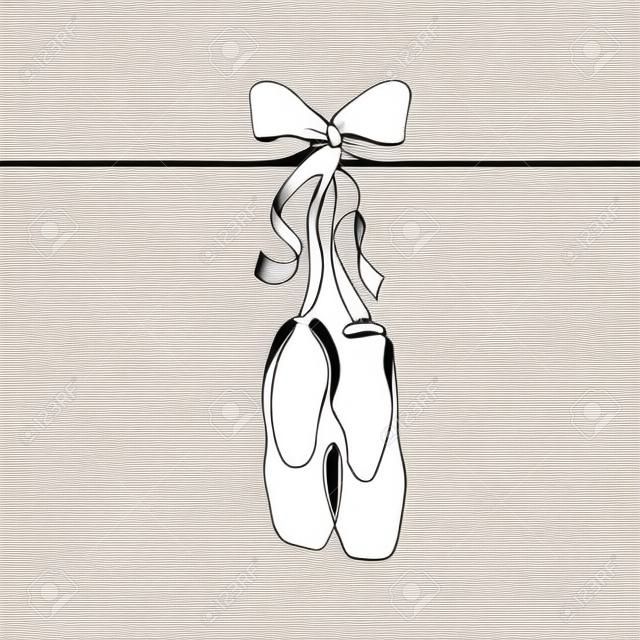 Een ononderbroken lijn tekening van ballet punten. Punt schoenen met lint en boog