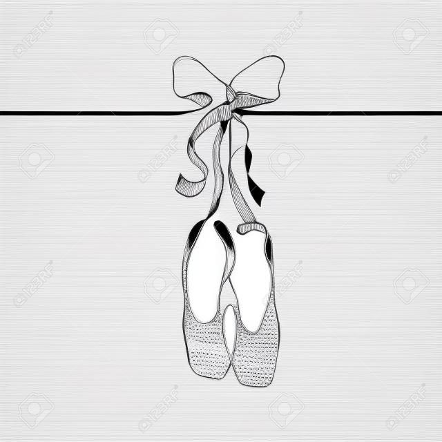 One continuous line drawing of ballet pointes. Pointe shoes with ribbon and bow