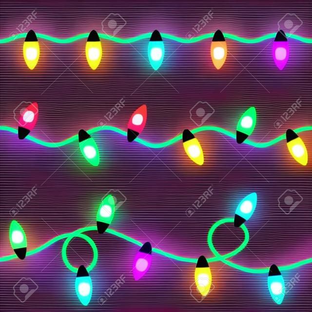 Ensemble de lumières de Noël, guirlande d'ampoules multicolores sur fond blanc. Modèle sans couture, illustration vectorielle