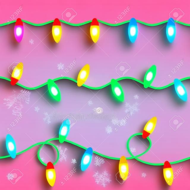 Ensemble de lumières de Noël, guirlande d'ampoules multicolores sur fond blanc. Modèle sans couture, illustration vectorielle