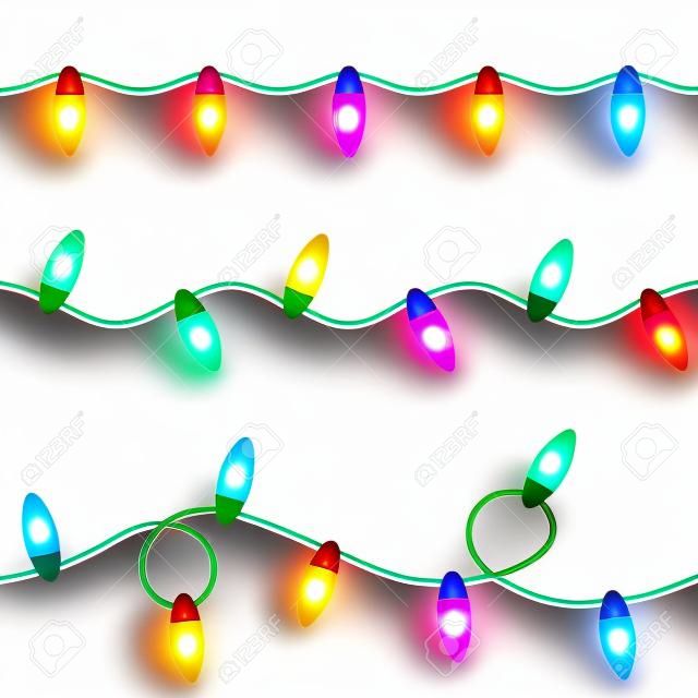 クリスマスライトのセット、白い背景に多色の電球の花輪。シームレスなパターン、ベクトルイラスト