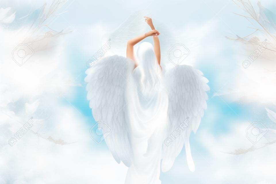 Hermosa mujer joven con alas de ángel blancas gigantes
