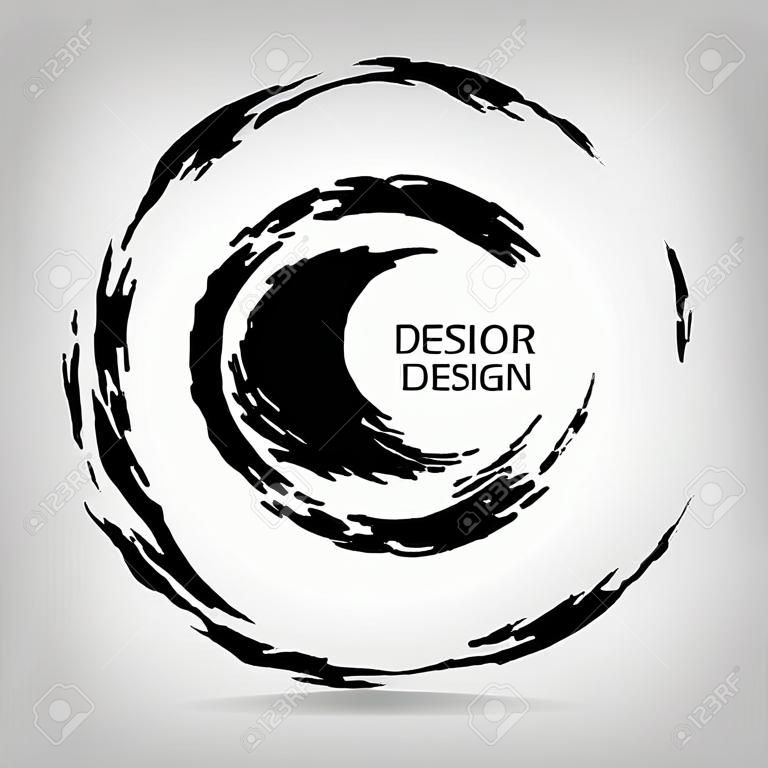 Dibujado a mano la forma de círculo. etiqueta circular, elemento de diseño, marco. Cepillar abstracto de la onda. ENOS negro símbolo del zen. Ilustración del vector. El lugar de texto.