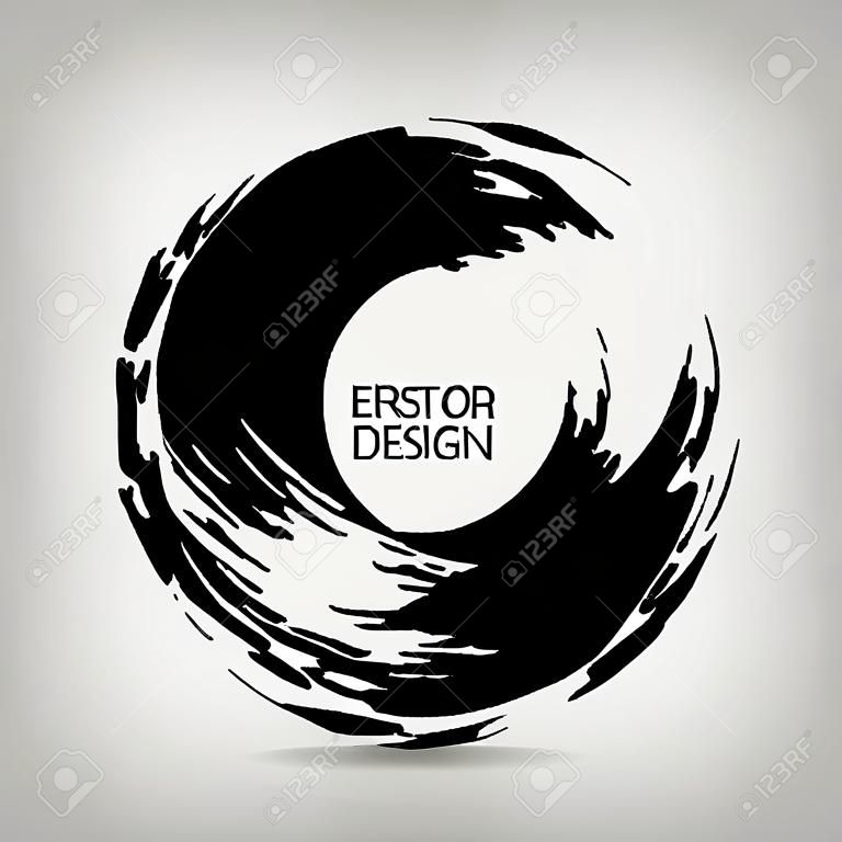 Dibujado a mano la forma de círculo. etiqueta circular, elemento de diseño, marco. Cepillar abstracto de la onda. ENOS negro símbolo del zen. Ilustración del vector. El lugar de texto.