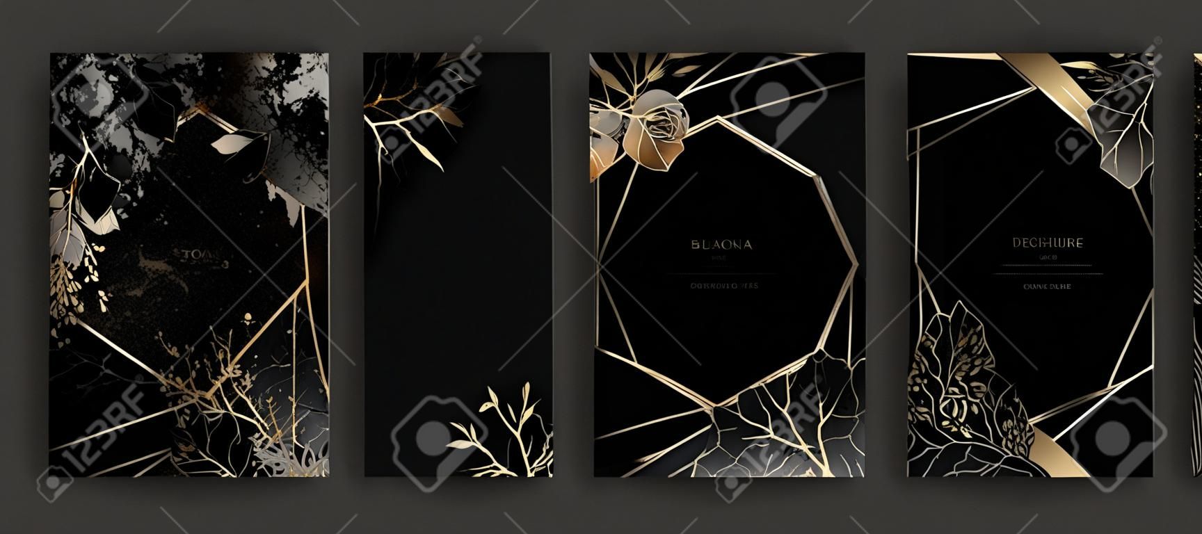 Conjunto de brochura elegante, cartão, fundo, capa, convite de casamento. Textura de mármore preto e dourado. Quadro geométrico. Botânica esboçada à mão.