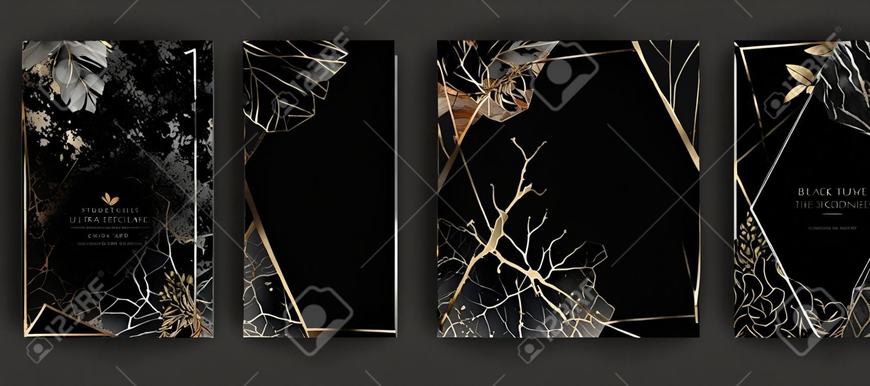 Set of elegant brochure, card, background, cover, wedding invitation. Black and golden marble texture. Geometric frame. Hand sketched botanicals.