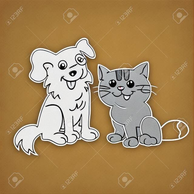 Kleurplaten Overzicht van cartoon kat met hond. Huisdieren. Kleurplaten boek voor kinderen