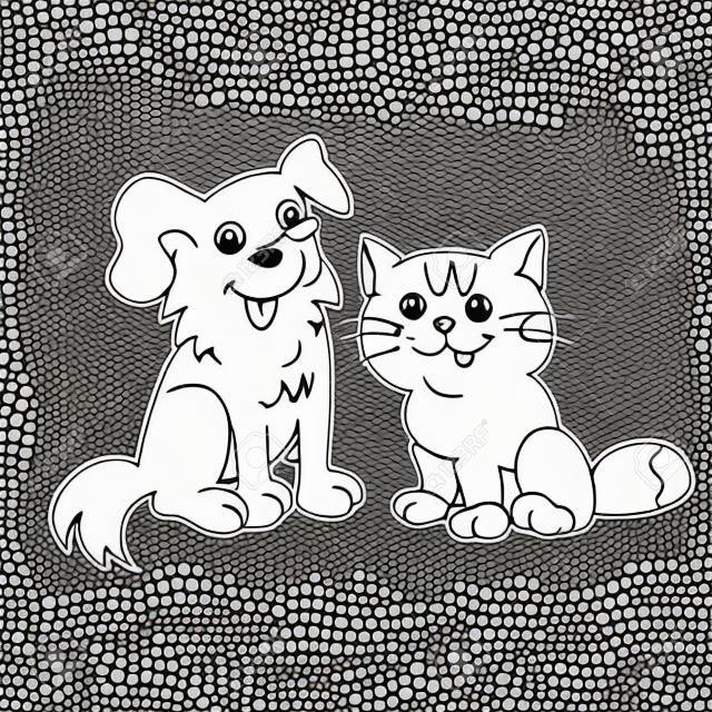 Kleurplaten Overzicht van cartoon kat met hond. Huisdieren. Kleurplaten boek voor kinderen