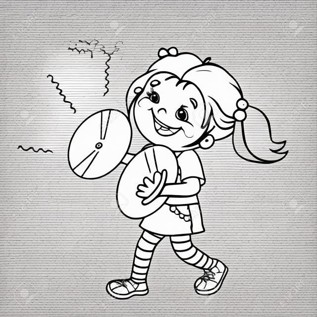 Página para colorear Esquema de dibujos animados chica tocando los platillos. Instrumentos musicales. Libro de colorear para niños