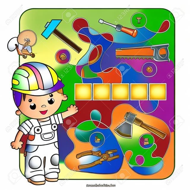Solve the word. Maze or Labyrinth Game for Preschool Children. Puzzle. Tangled Road. Matching Game. Coloring Page Outline Of Cartoon Worker with tools. Coloring book for kids.